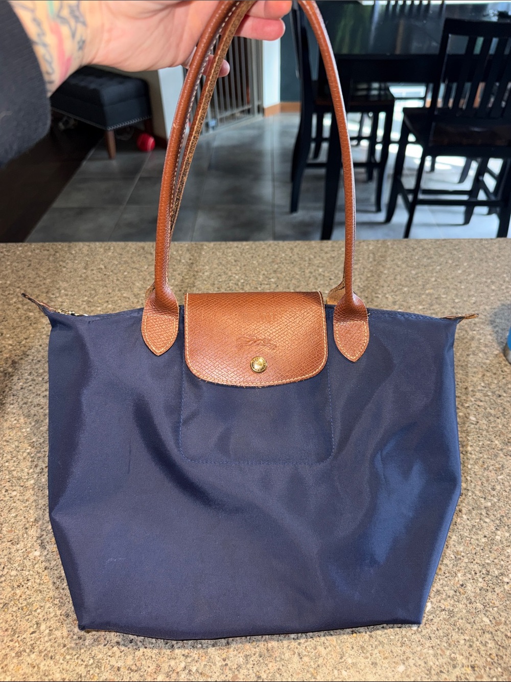 Longchamp Le Pliage Navy Tote with Brown Leather Trim - Authentic